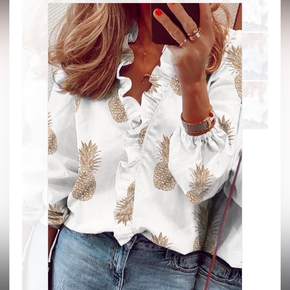 Rosiedress Tops - V Neck Long Sleeve Pineapple Print Ruffle Blouse